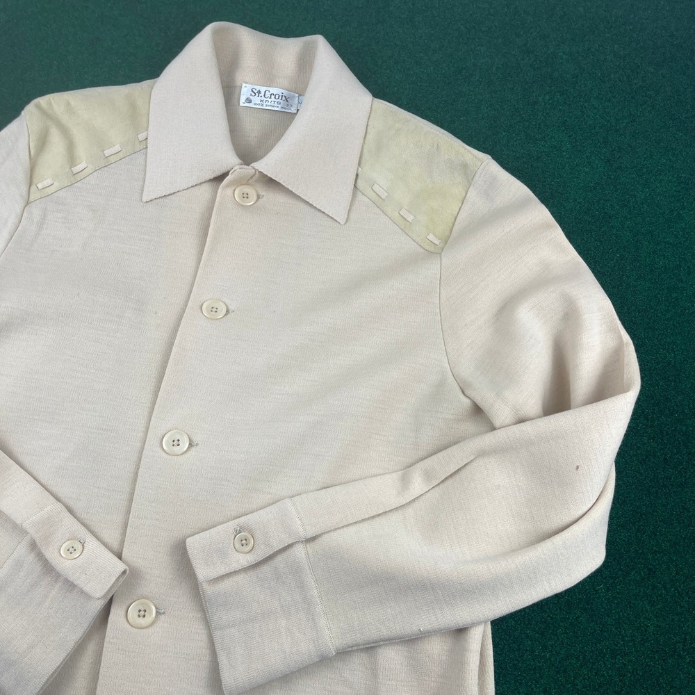 St Croix Knits Mens Beige 100% Zephyr Wool Button Up Shirt Jacket M Suede Accent